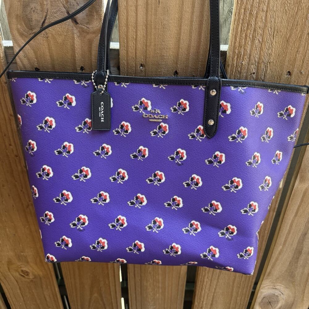 COACH Black & Purple BRAMBLE ROSE Reversible City TOTE Bag PURSE F55866